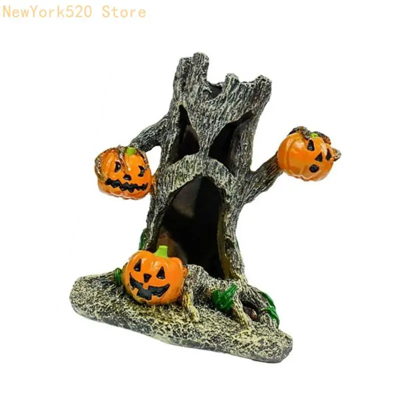N84C Halloween Fish Tanks Dekorasi Stump Labu Rumah Resin Patung