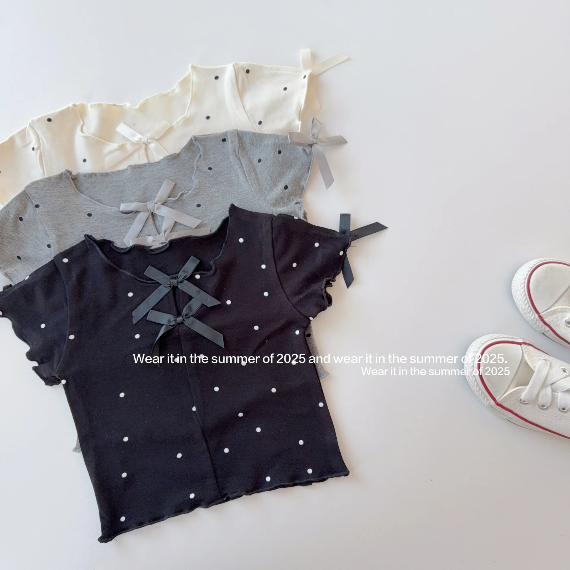 

Buttful-knot Short Sleeved T-shirt 2025 New Summer Korean Fashionable Cute Sweet All-match Polka Dot Bow Short Undershirt