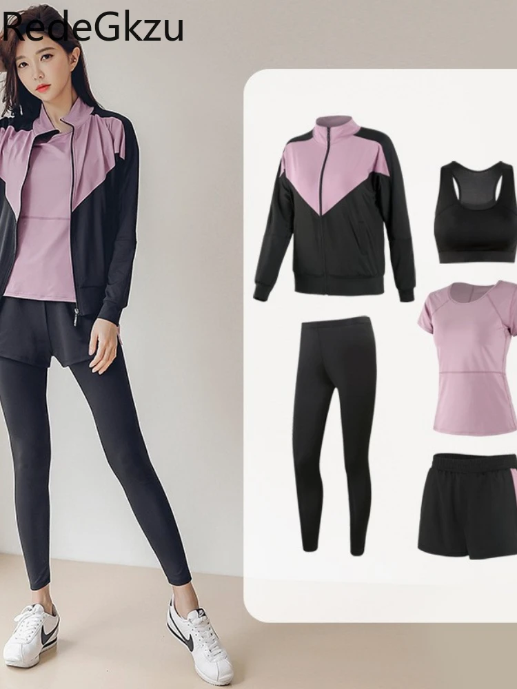 Jogging 5-piece Spring Summer New Long Sleeve Yoga Clothes Large Size Quick Drying Fitness Clothes Running Sports Suit Women