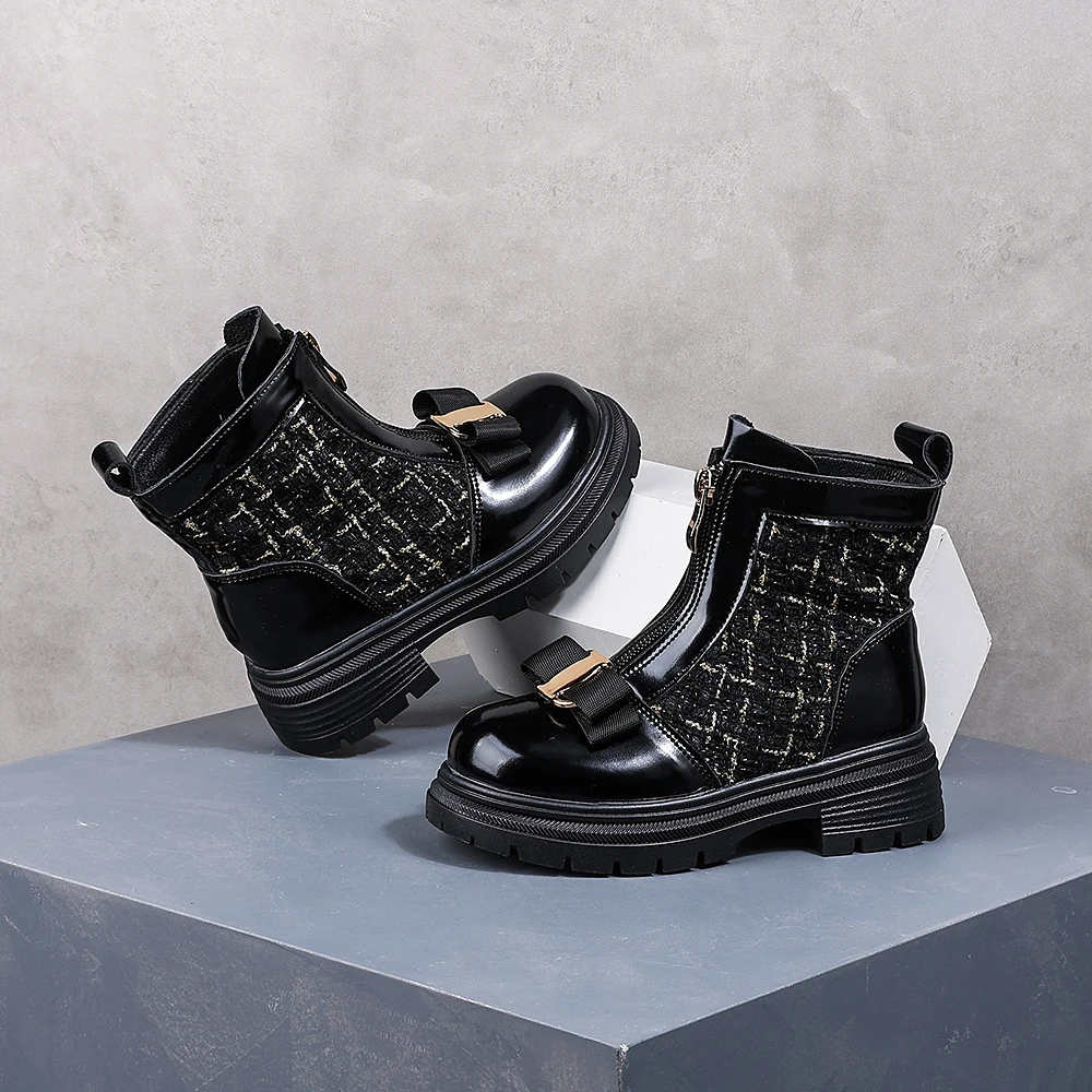 COMFY KIDS Toddler Girls Black Tweed Bow Front Zipper Ankle Boots Soft Non Slip Rubber Sole Kids Leather Shoes