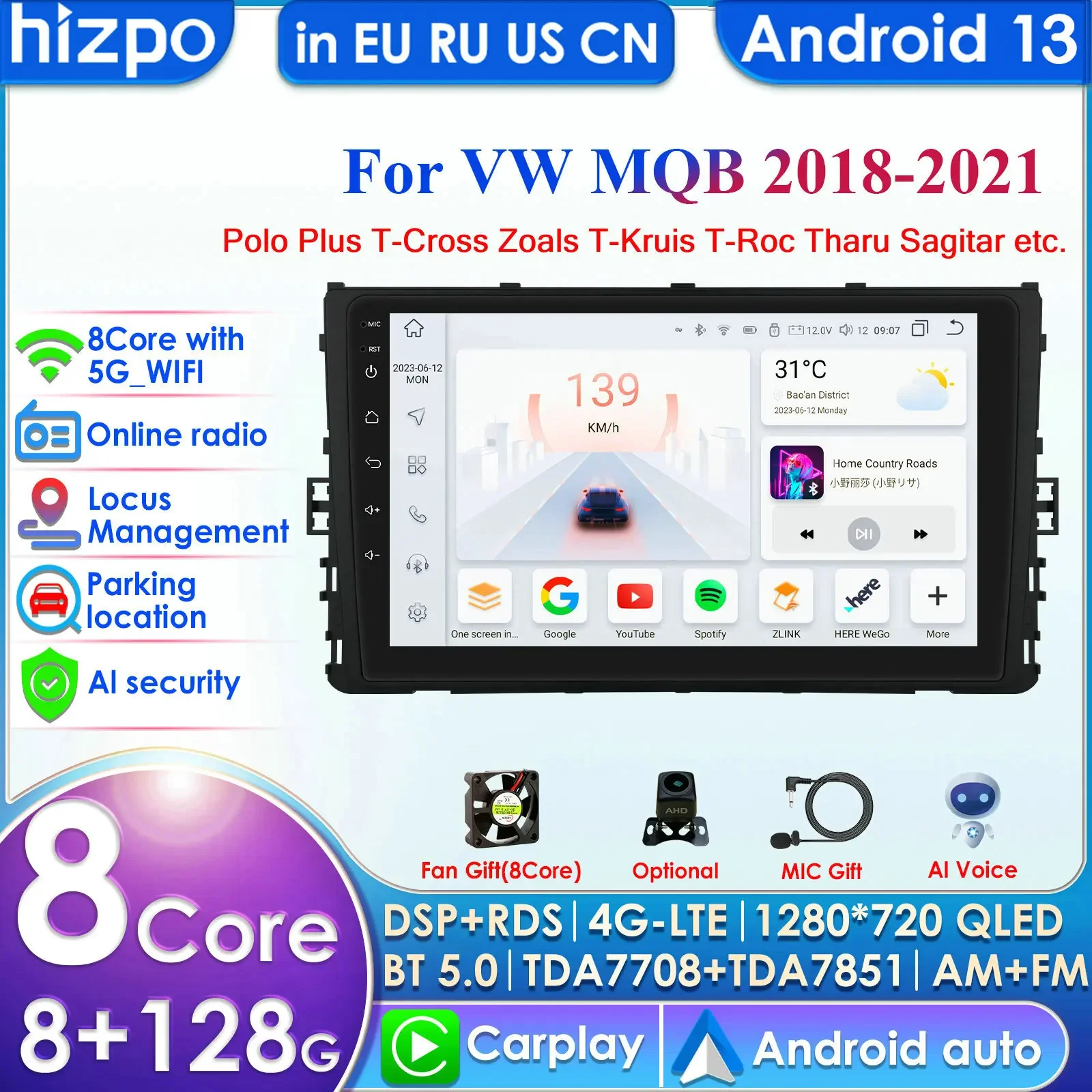 

Hizpo 9 Inch Carplay 4G 2 Din Android 13 Car Radio For VW MQB Polo Plus T-Cross Zoals T-Kruis T-Roc Tharu Sagitar GPS DSP WIFI