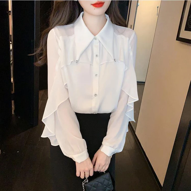 قميص شيفون أبيض بأكمام طويلة للنساء لربيع وصيف 2026 تصميم فرنسي أنيق جديد قمصان احترافية فضفاضة