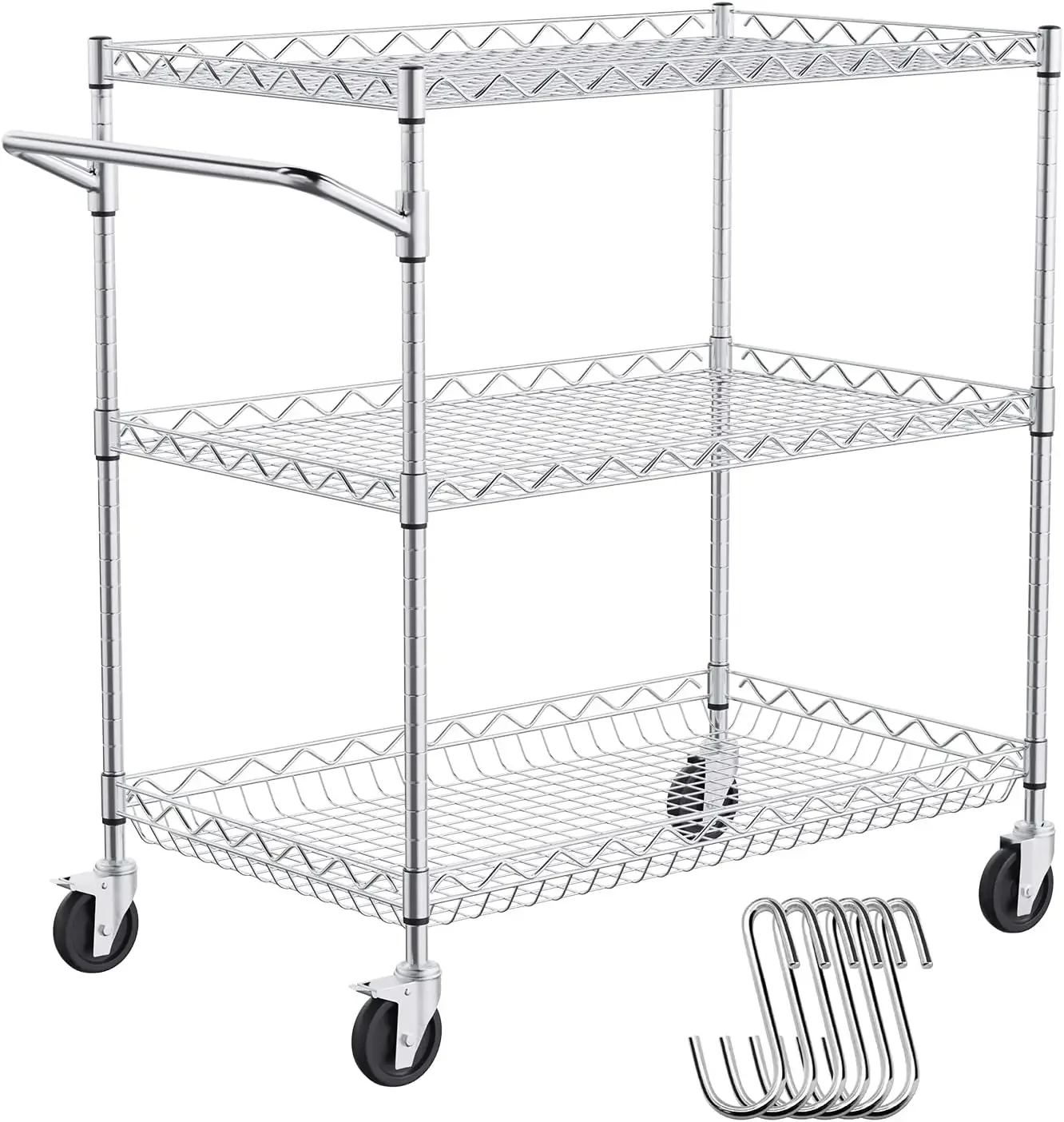Kitchen Utility Cart, 3 Tiers, Wire Rolling Table with 661 LBS Capacity, Steel Service Desk on Wheels, Metal Storage Trolley wit