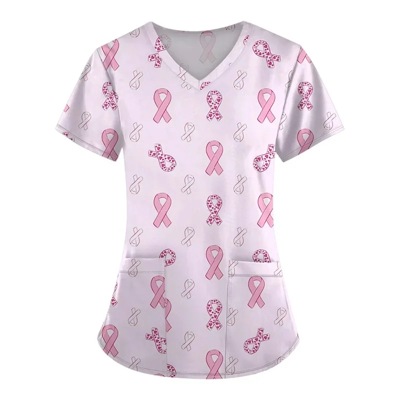 Women's Pink Ribbon Print Medical Short-Sleeve Shirt T-Shirt V Nurse Uniform with Pockets for Clinical Work