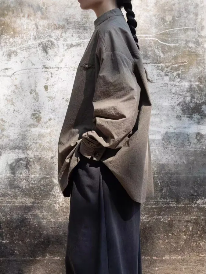 Retro chino Sle ey marrón Stand Collar irt mujer primavera Casual alto diseño largo Sve Top Ele Faionable