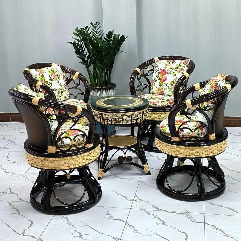 Balcony rattan chair coffee table three-piece set casual rotating woven backrest small table and chair combination