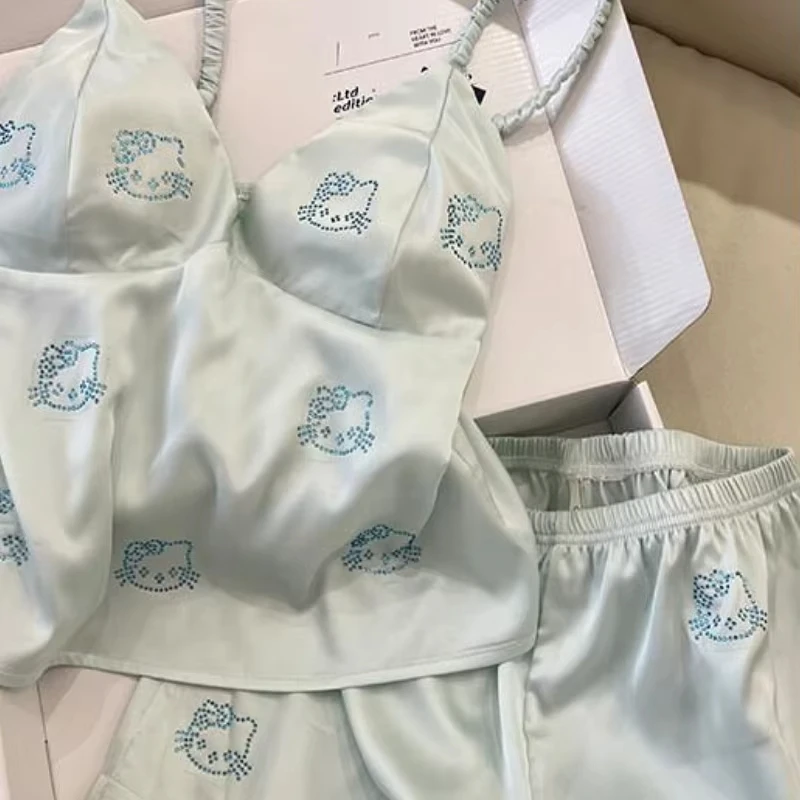 

Cute Sanrio Hello Kitty Pajamas Two Piece Set for Women Summer Loungewear Fashion Casual with Padded Bra Sleepwear and Pants New