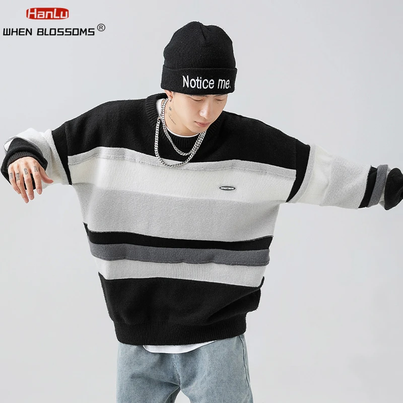 HANLU-Youth Men Winter Sweaters 2023 Striped Vintage Pullover Mens O-Neck Korean Fashions Sweater Women Casual Harajuku Clothes