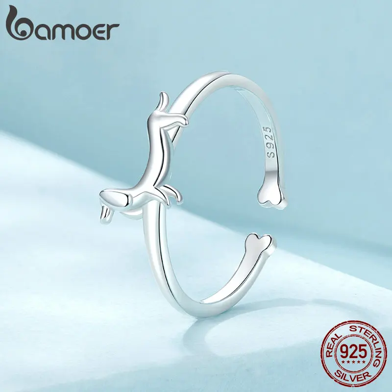 BAMOER 925 Sterling Silver Cute Dachshund Ring for Women, Lovely Pet Dog Open Ring Statement Ring Jewelry Gift for Pet Lover