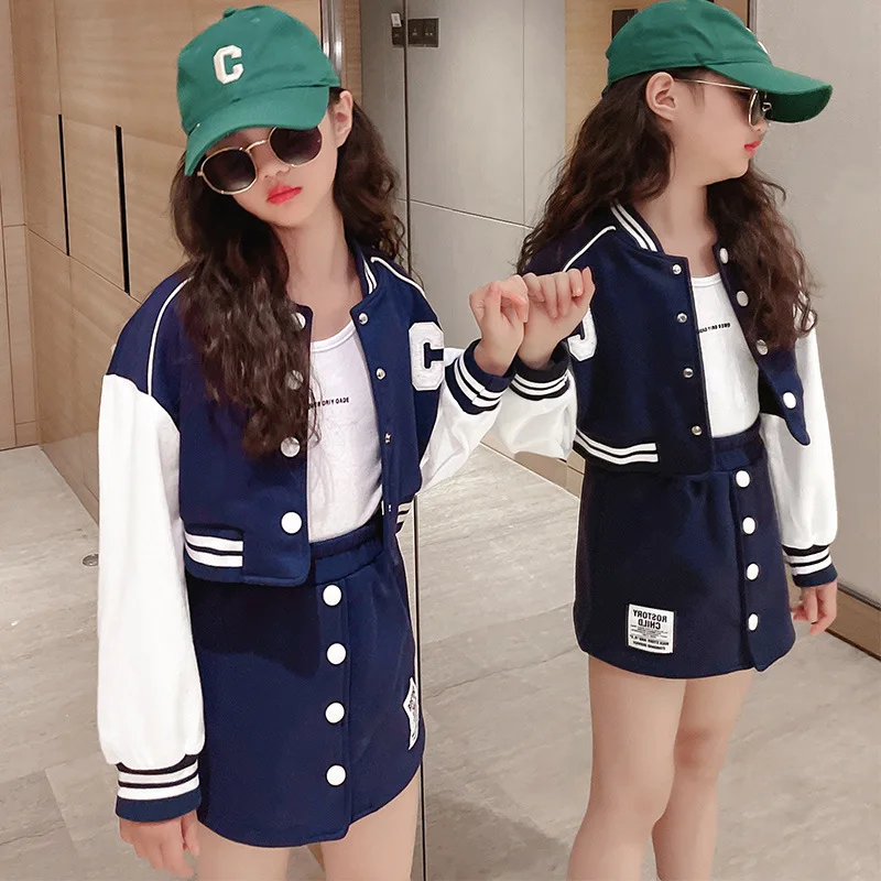 2024 autumn winter Girls Jackets Teenager Patchwork Button striped Crop Top Coats Jacket + sexy short skirt 5 6 7 8 9 10 11 year