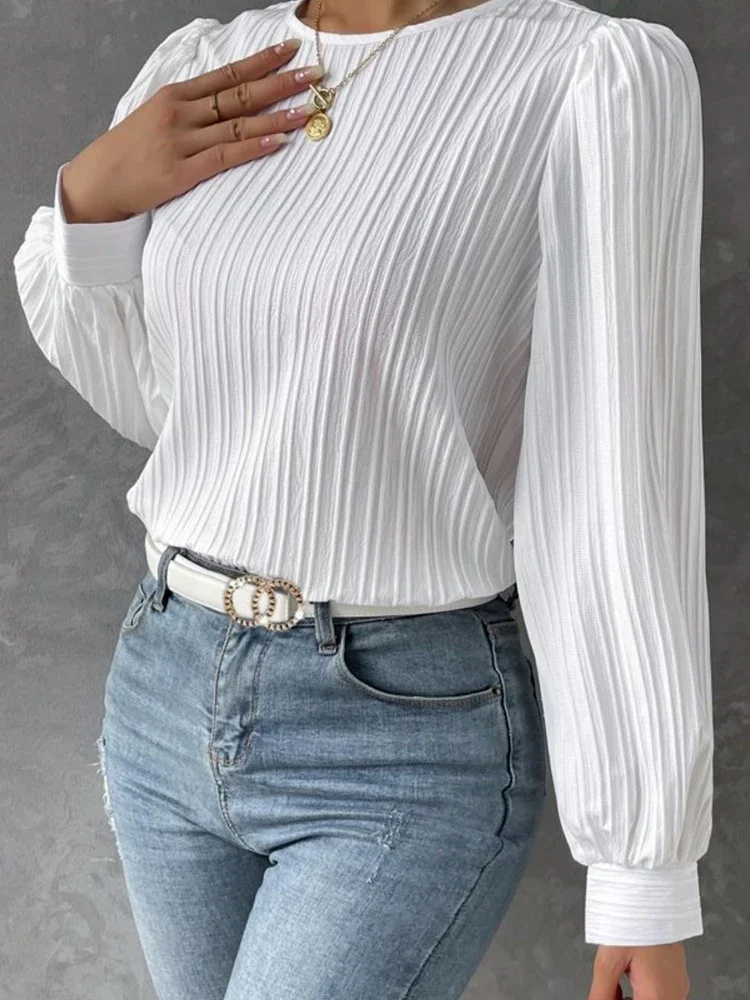 

Blouses Women Autumn Vintage Long Sleeve Tops Female Retro Round Neck Shirt Ladies Elegant Fashion Casual Solid Color Blouse