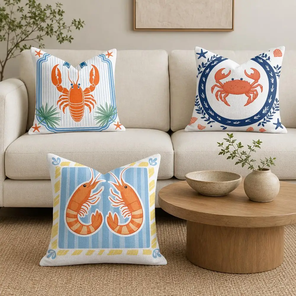 Preppy Crab Shrimp Print Cushion Cover Natural Linen Organic Fabric Double-Sided Printing Sofa Home Decor Gift Pillow Cover