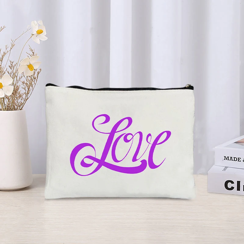 Love Printed Canvas Cosmetic Bag, Lápis Case, Bolsa De Armazenamento De Diversos, Organizador, Batom, Perfume, Zipper, Material De Escritório, Lover Gift