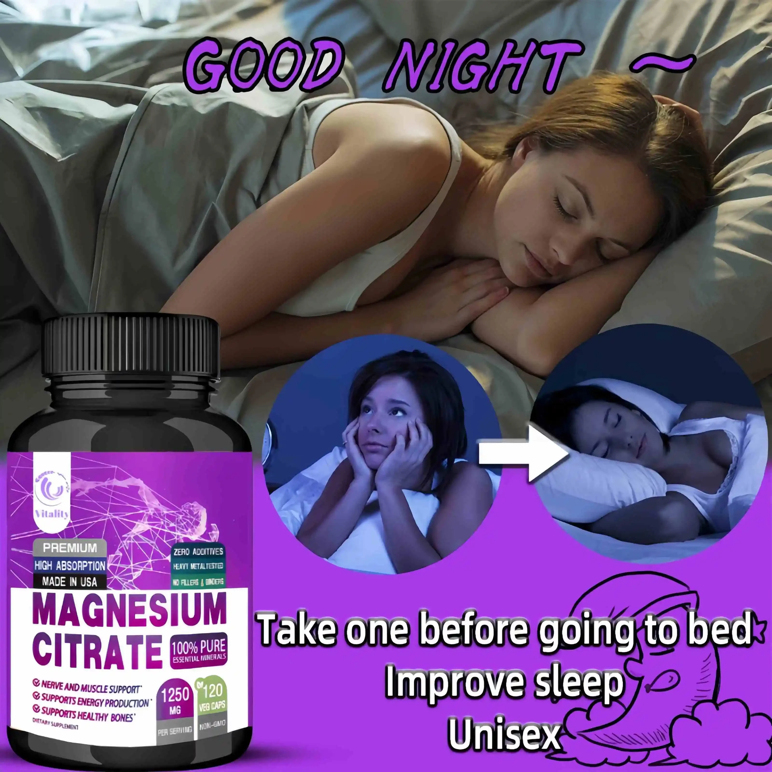 Magnesium Citrate 1250 Mg - Easily Absorbed, Purified Trace Mineral - Muscle, Nerve and Energy Support, Non-GMO