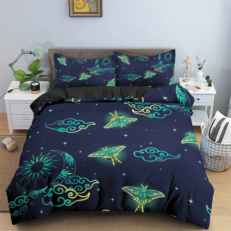 Butterfly Bedding Set Full King Size Hippie Boho Moth Duvet Cover Microfiber Animal Botanical Psychedelic Starry Sky Quilt Cover