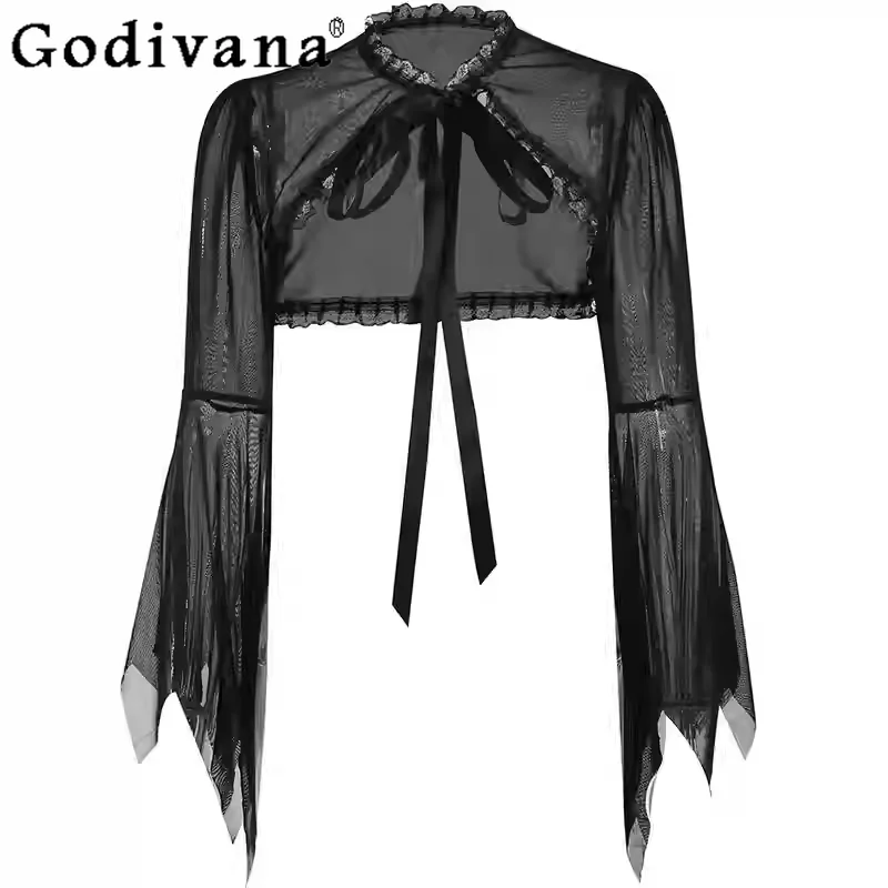 

European American Lace-up Sweet Bow Irregular Flare Sleeve Gauze Blouse Halloween Slim Fashion Versatile Street Women Short Top