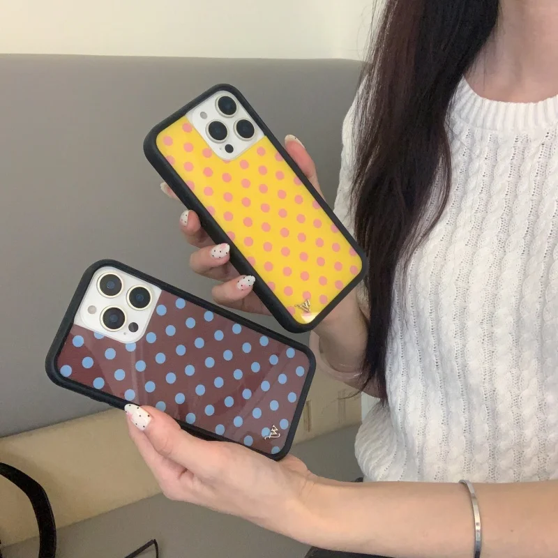 

Korea Cute Black white brown yellow Polka Dots Wildflower Phone case For iPhone 13 12 14 15 16 Pro Max Plus WF Wave point Cover﻿