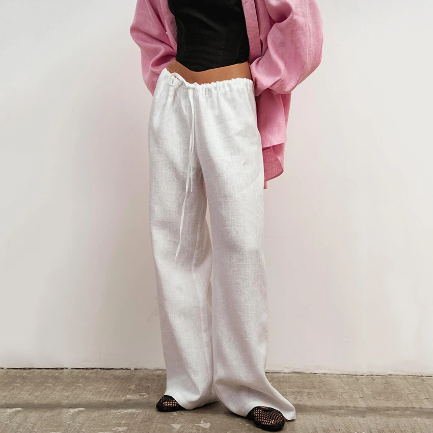Linad Pantaloni casual bianchi larghi con coulisse Pantaloni da ufficio in cotone e lino a gamba larga Pantaloni lunghi a vita alta vintage autunnali femminili 2025