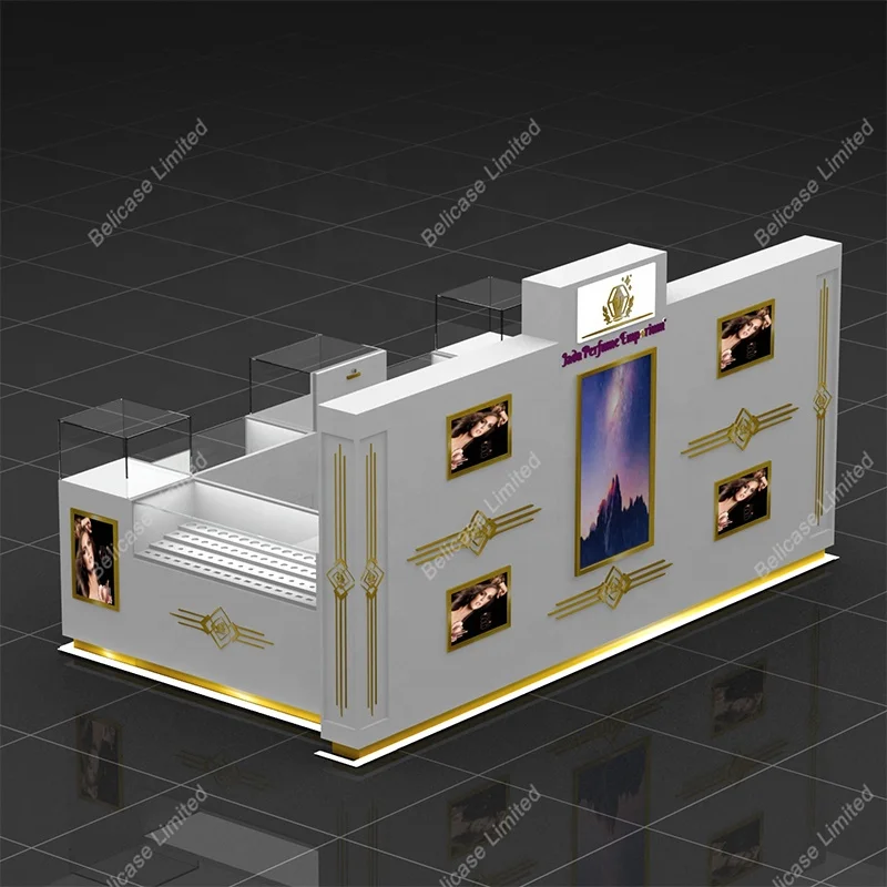 Custom, modern luxury gold showcase for perfume kiosk shopping mall store display fixture