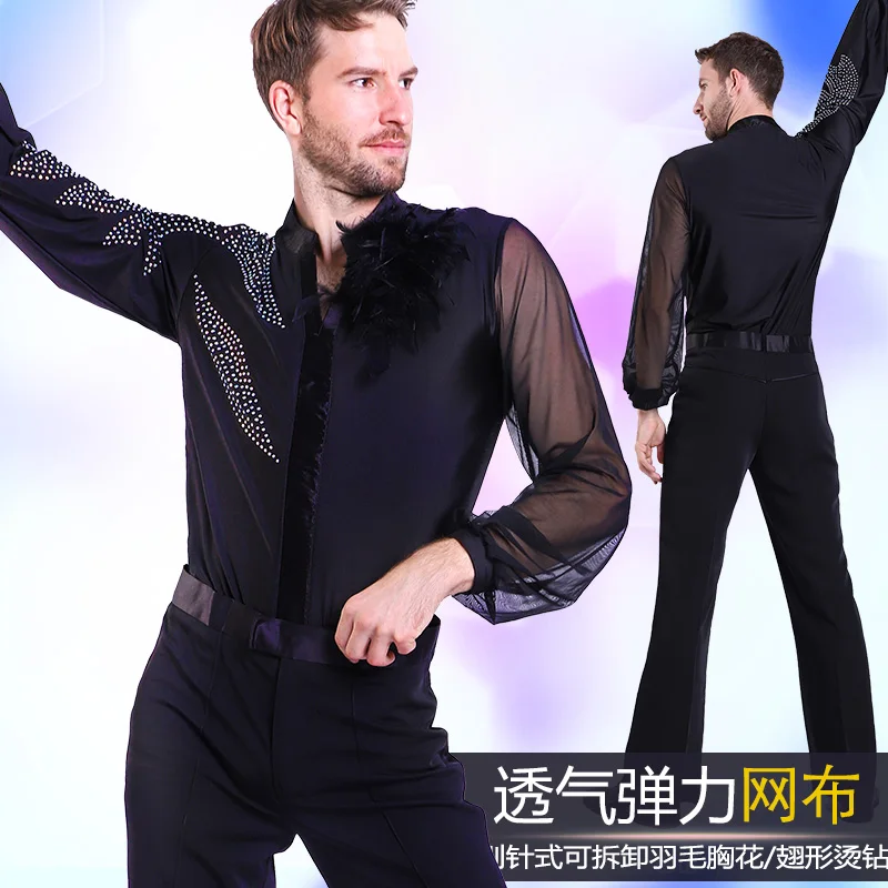 Men Latin Dance Lace black and red Garment Dance Waltz Ballroom Dance Garment Performance latin man shirts Cha Cha Dance Wear