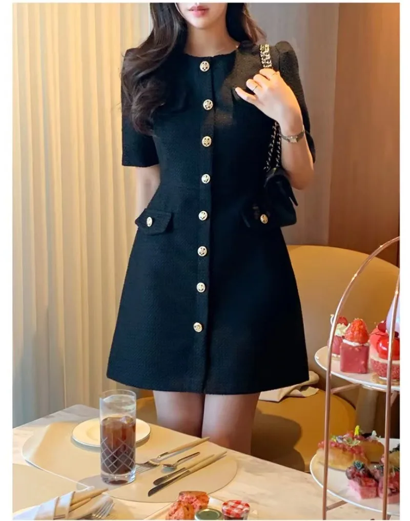 Korean Chic Tweed Vestidos Small Fragrance Women 2024 Dress Short Sleeve Vestido Summer New O-neck Dresses Elegant Robes