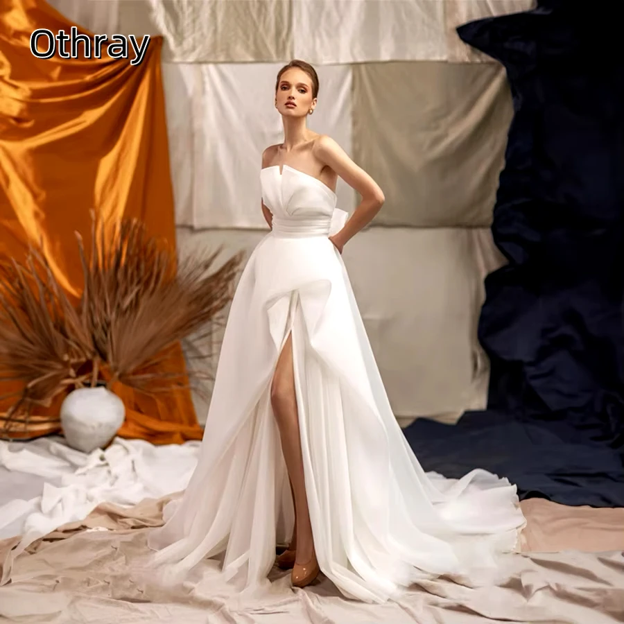 Othray Off-Shoulder แขนกุดแยก Sash Sweep ชุดแต่งงาน A-Line Zipper ชุดเจ้าสาว Robe de mariée