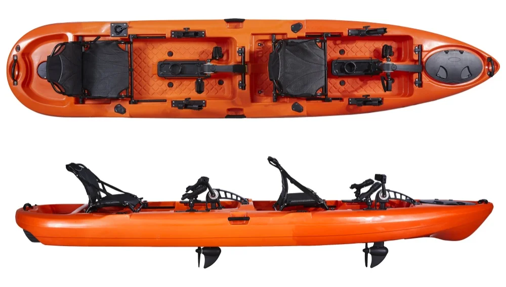 Pedal Kayak panggang HDPE ganda 14 kaki, Pedal Kayak memancing Tandem dengan sistem Pedal atau Motor 2 orang 2 tempat duduk