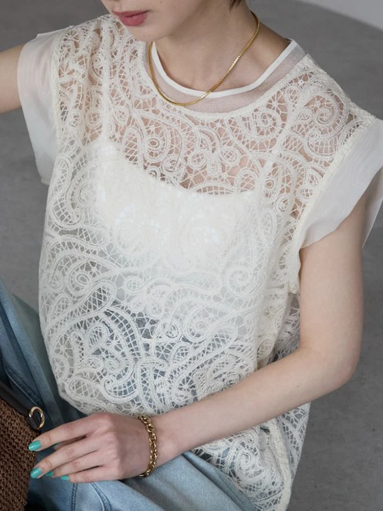 

Hook Flower Hollow Shirt Lace Vest Korean Fashion Black Blouse 2025 Summer Sleeveless Tops Transparent O-Neck Beige Shirt Female