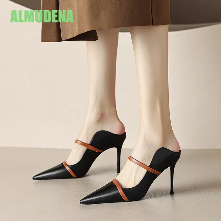 High Heels Women's New Black Top Layer Cowhide Pointed Back Empty Straight Strap Fashion Versatile Sexy Thin Follow-Up Shoes