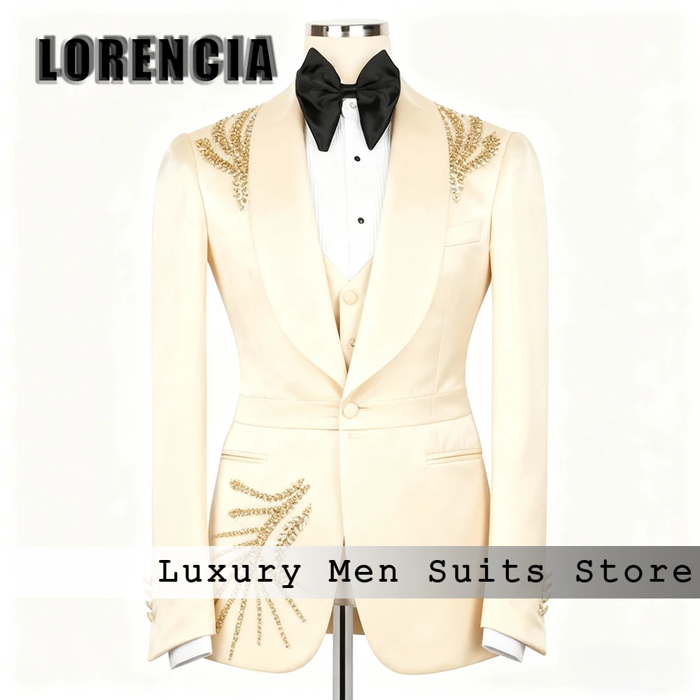 ชุดสูทผู้ชายหรูหราประดับเพชร 3 ชิ้น แบบกระดุมสองแถว สำหรับงานแต่งงาน งานเลี้ยง ชุดทักซิโด้เจ้าบ่าว ปี 2025  สามารถสั่งตัดได้  เสื้อสูท กางเกง เสื้อกั๊ก ชุดแฟนซีผู้ชาย