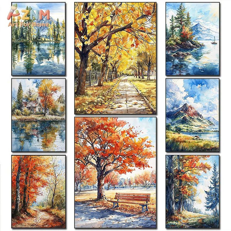 AZNM Autumn Landscape Canvas Wall Art, Watercolor Mountain and Fall Tree Print, Scenic Nature Painting for Home Decor