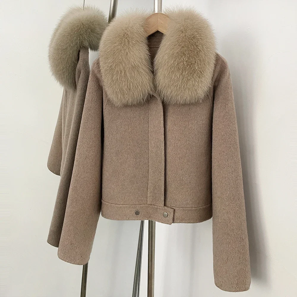 OFTBUY Neue Winter-Oberbekleidung für Damen, Kurze 100% Reine Wolljacke, Übergroßer Echter Fuchspelzkragen, Reißverschluss-Kurzmantel für Damen – Detail 7