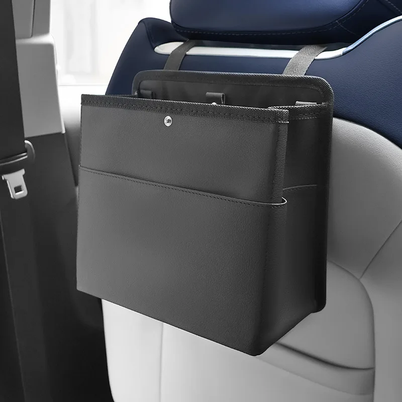 Car Trash Bin Leather Auto Front Passenger Seat Hanging Garbage Storage Organizer Seat Back Phone Tissue Pockets Accessories view 5
