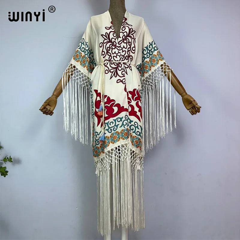 WINYI kimono cover-ups boho print summer outfits for women Elegant fashion Cardigan sexy Holiday long Sleeve tassels maxi dress