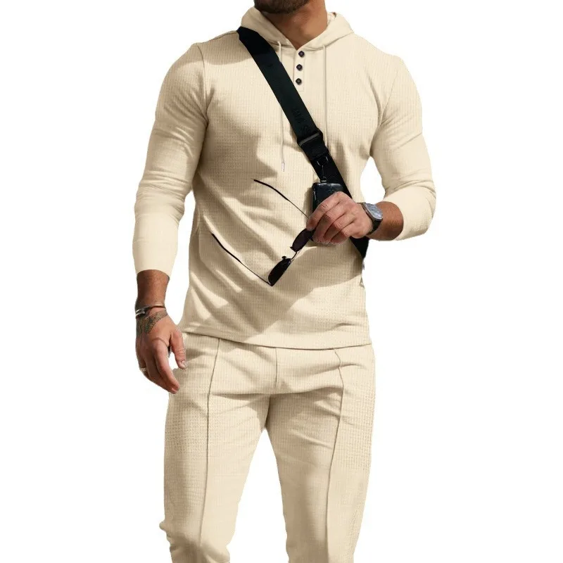Neuer Herren-Freizeitanzug im Outdoor-Stil, europäisch-amerikanischer Waffelstoff, einfarbig, mit Kapuze, langärmlig, Hosenanzug