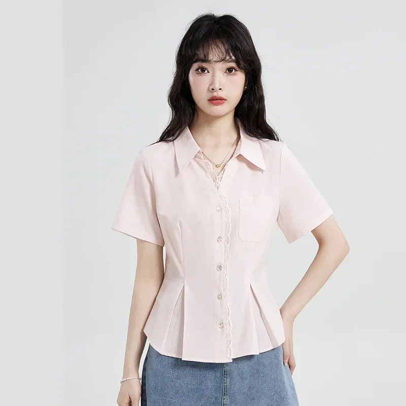 

NICE Pink French Lace Splice Shirt Waist Cinching Slim Short Sleeve Women's Button Up Shirt Fashionable Patchwork Design