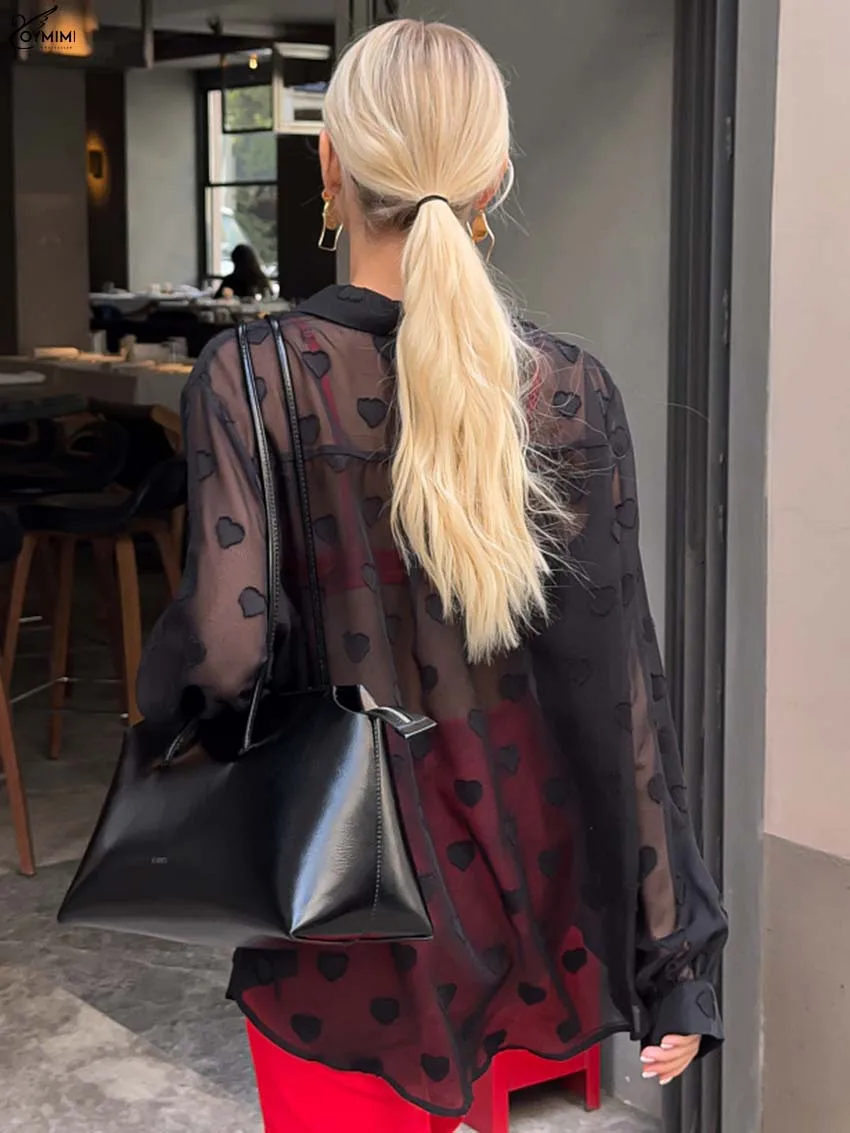 Oymimi Fashion White Print Woman Blouses Elegant Translucent Turn-Down Collar Blouses Casual Long Sleeve Single Breasted Shirts