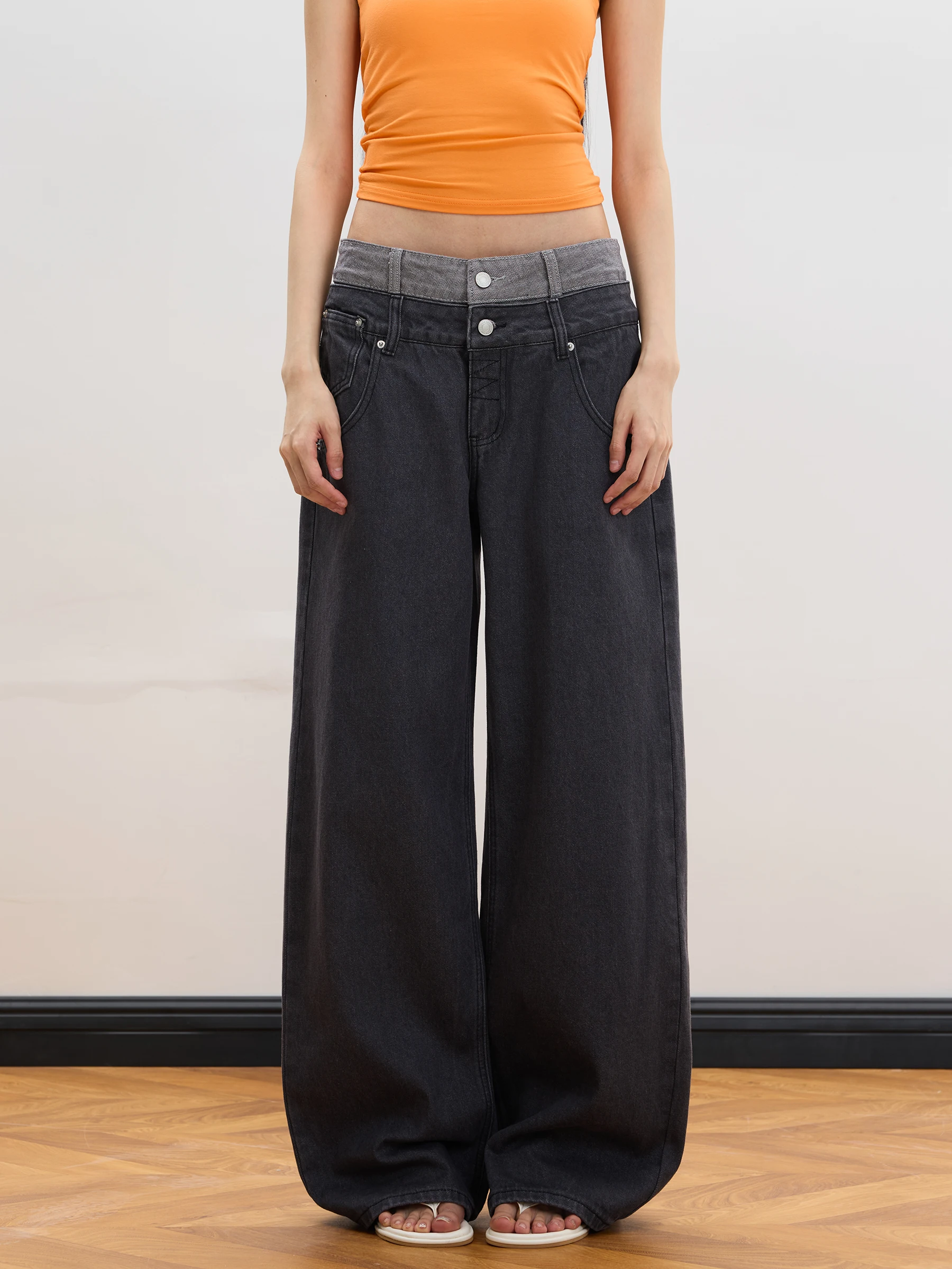 JUNECUT American Style Washed Loose Straight Leg Jeans Double Waist Trendy Retro Women's Fashion Casual Comfortable Fit