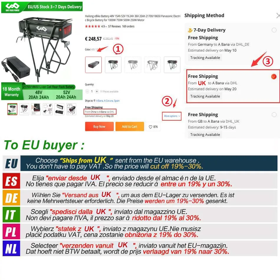 48V 52V 36V Rear Rack eBike Battery 20Ah 15Ah 13Ah for 24\