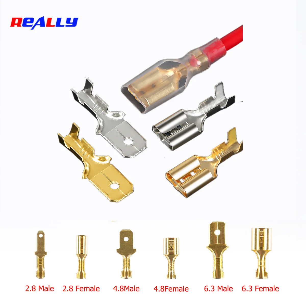 200Pcs Copper Female and Male Crimp Terminal Connectors Aautomotive Speaker Cable Flag Connector 2.8/ 4.8/ 6.3mm With Sheathing