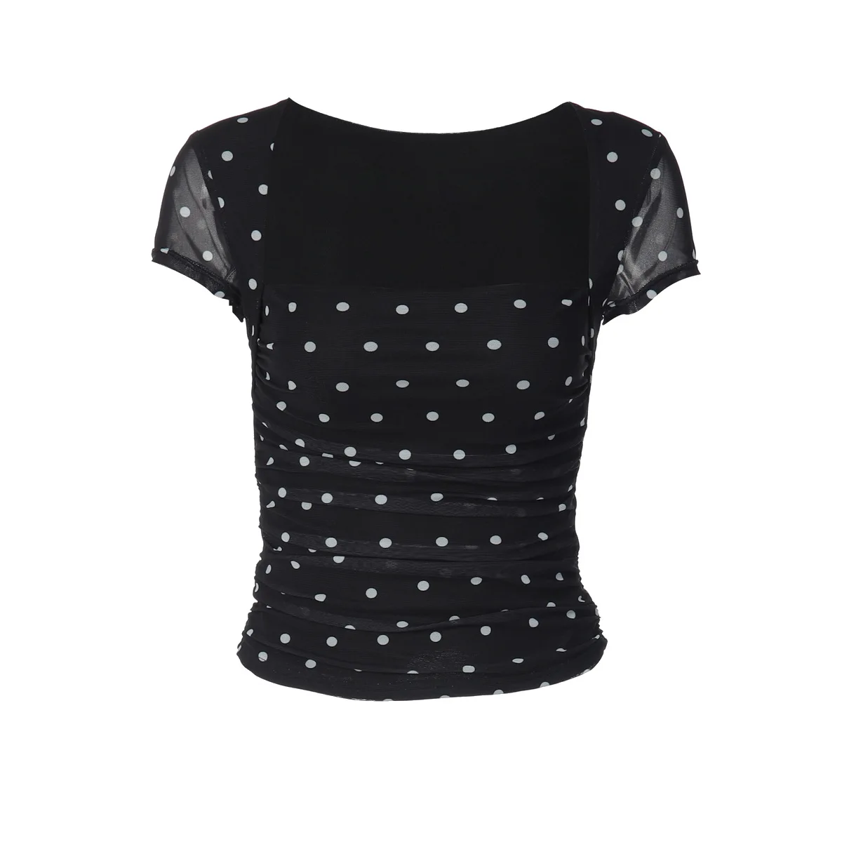 Zekye American square collar polka dot mesh short-sleeved top women's pleated short waist pure desire wind low-necked T-shirt