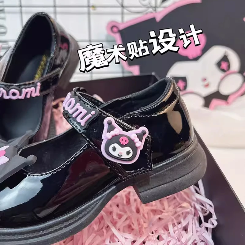 Sanrioed Kuromi Girl Black British Princess Small Leather Shoes Kawaii Anime Soft Soles Babys Shoe Sweet Cute Cartoon Kid Gift