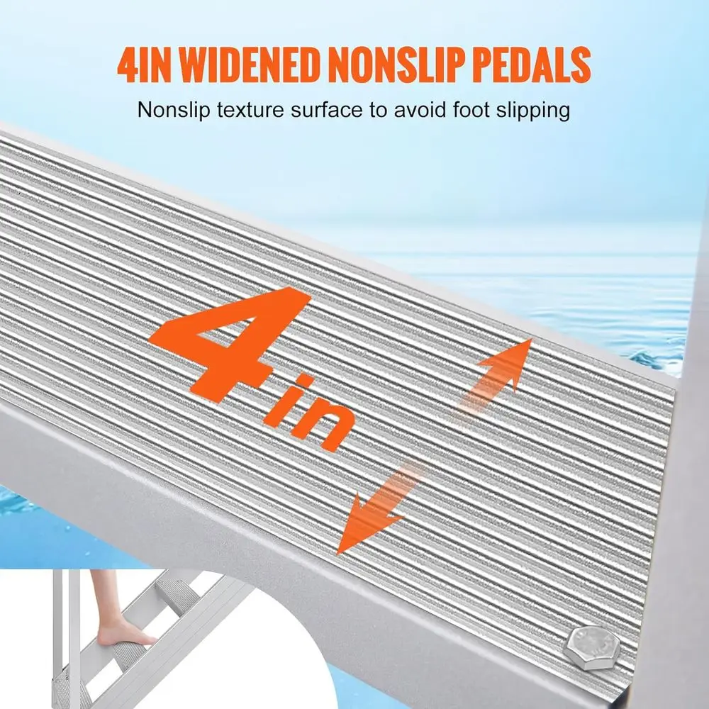 خطوات حمام السباحة بوزن 500 رطل، سلالم قاعدة من الألومنيوم بارتفاع قابل للتعديل مع درابزين ودواسات واسعة غير قابلة للانزلاق للبحيرة وحمام السباحة والبحرية والمركبات الترفيهية،