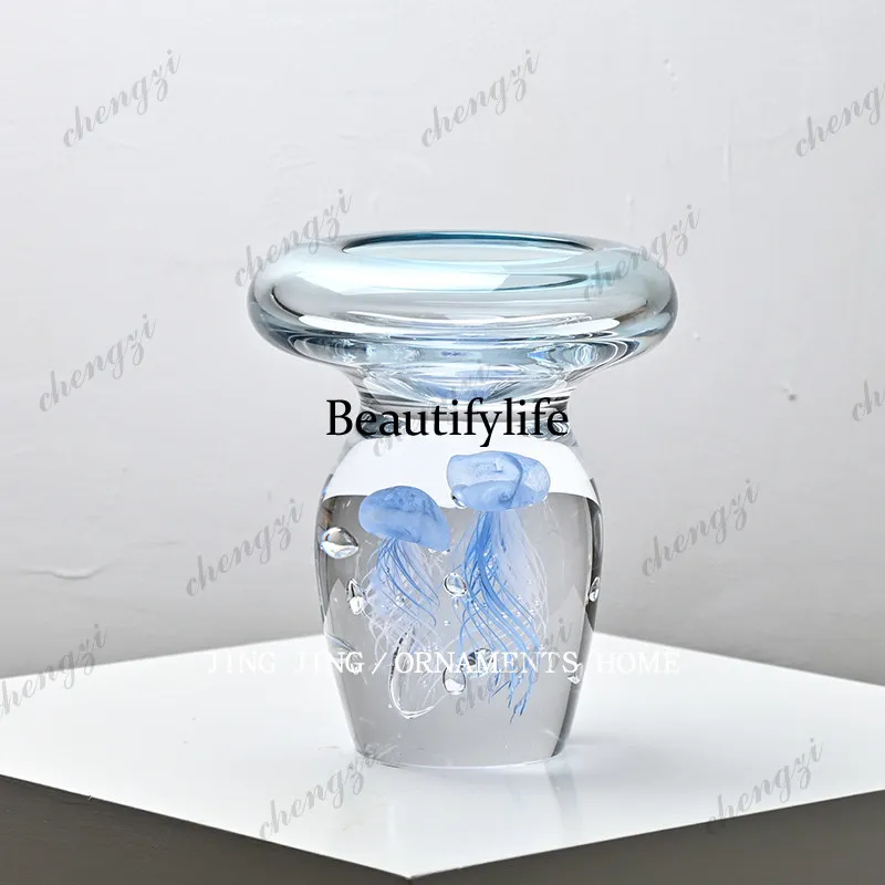 Simple transparent blue double-headed jellyfish glazed vase living room coffee table decorative TV cabinet