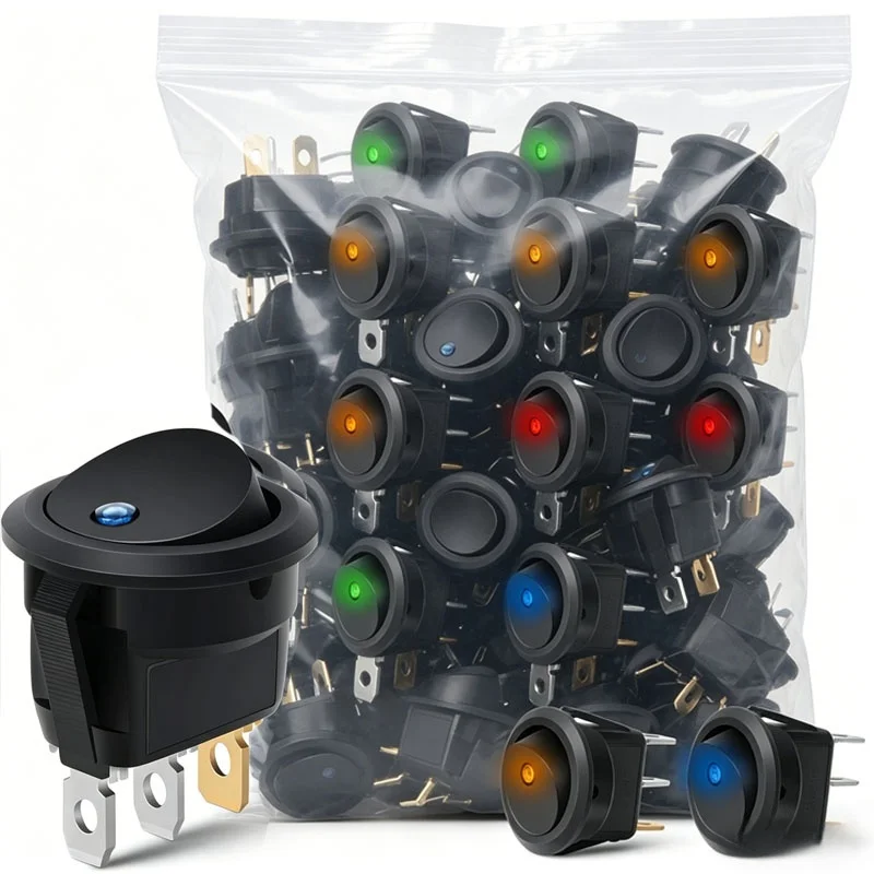 1/20pcs Car Control Switch Round Rocker Dot Boat Illuminated Blue LED Light Toggle ON/OFF Button for Motorcycles Marine Boats