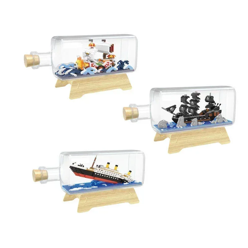 One Pieces In Bottle Mini Building Blocks Titanic Black Pearl Pirate Ship Micro Bricks DIY Model Drift Bottle