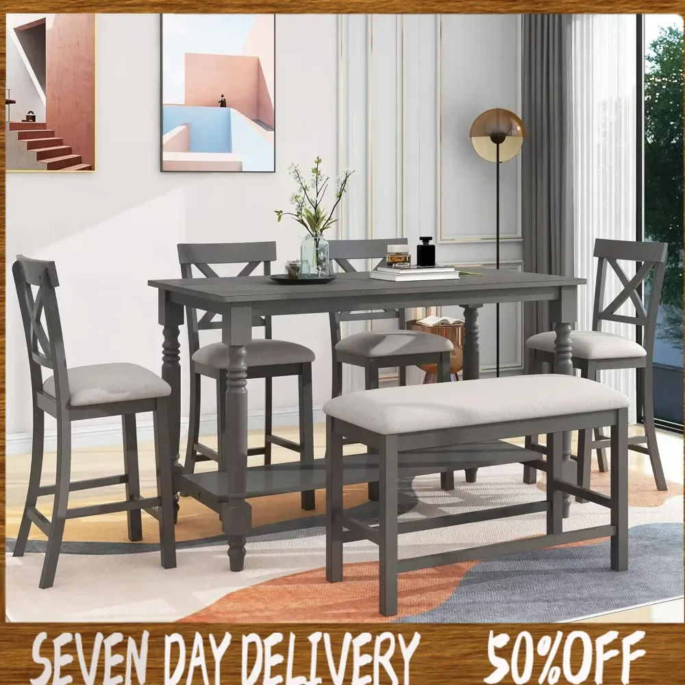 

Table Set for 6 Dining Table Set with Upholstered Dining Chairs and BenchFarmhouse Wooden Rectangular Dining Table with Tapered