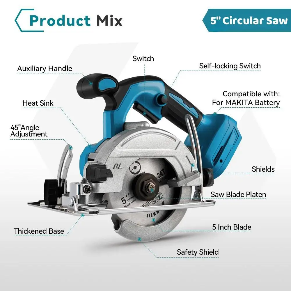 125mm 5 Inch Brushless Electric Circular Saw 0°-45° Angle Adjustment Cordless Woodking Power Tool Adapted To Makita 18V Battery