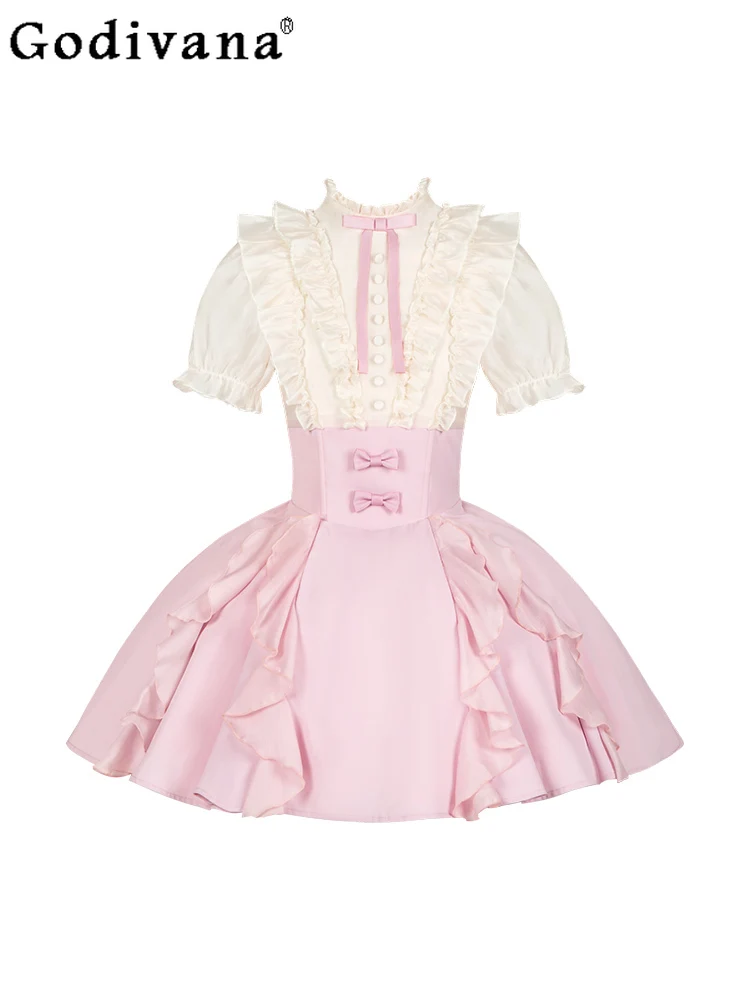 

Lolita Short Sleeve Ruffles Stand Neck False Two-piece Fishbone Dress Summer Sweet Girl Age Reduction Elegant Fishtail Dresses