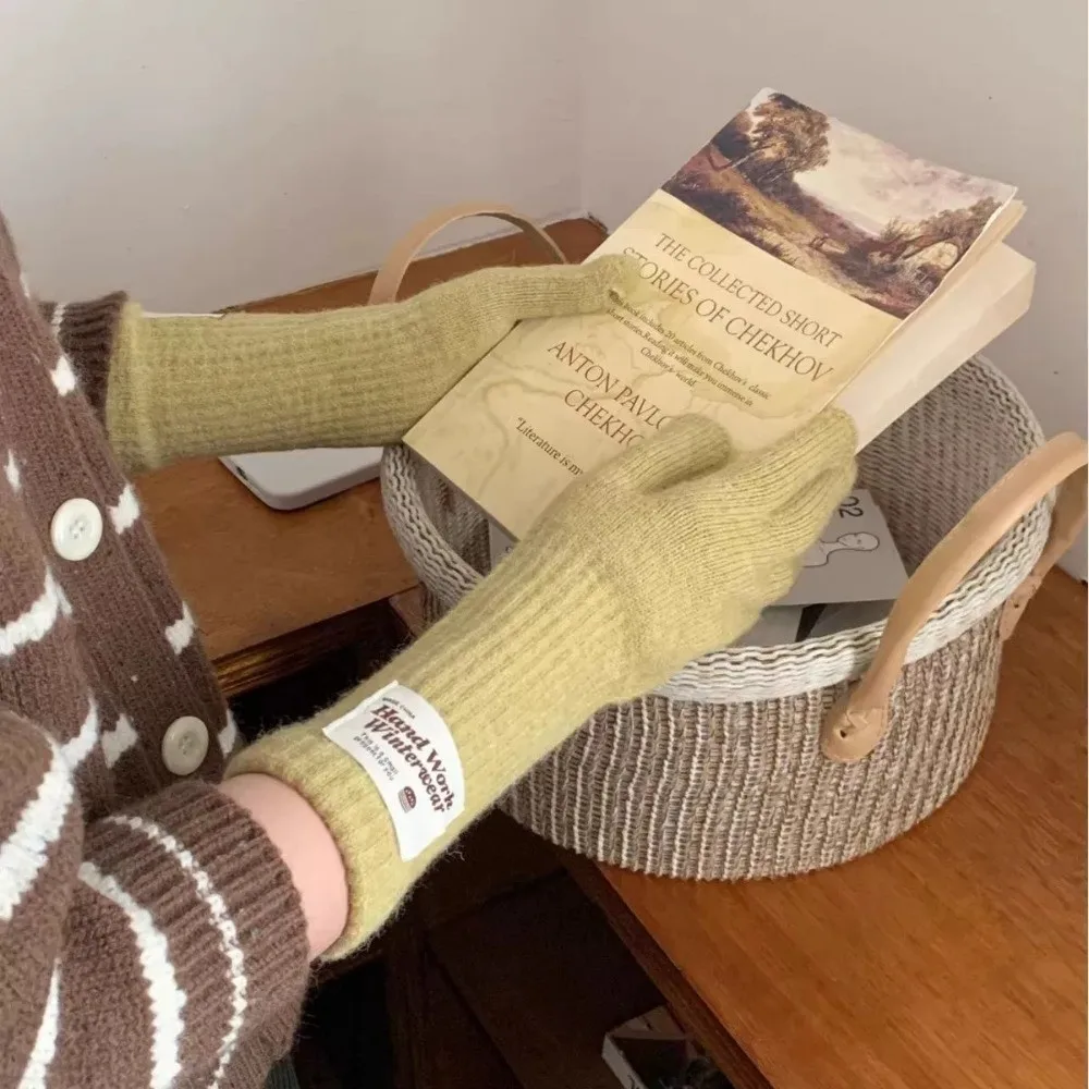 Long Solid Color Open Tip Touch Screen Gloves Acrylic Material One Size Winter Knitted Gloves Warm Five Finger Gloves For Women